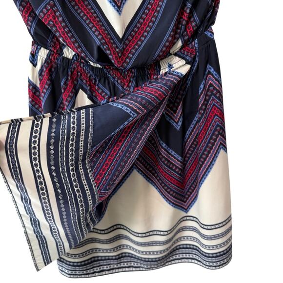 Express Chevron Design Strapless Faux Wrap Mini Dress Navy Red Multi Size XS - Picture 2 of 7